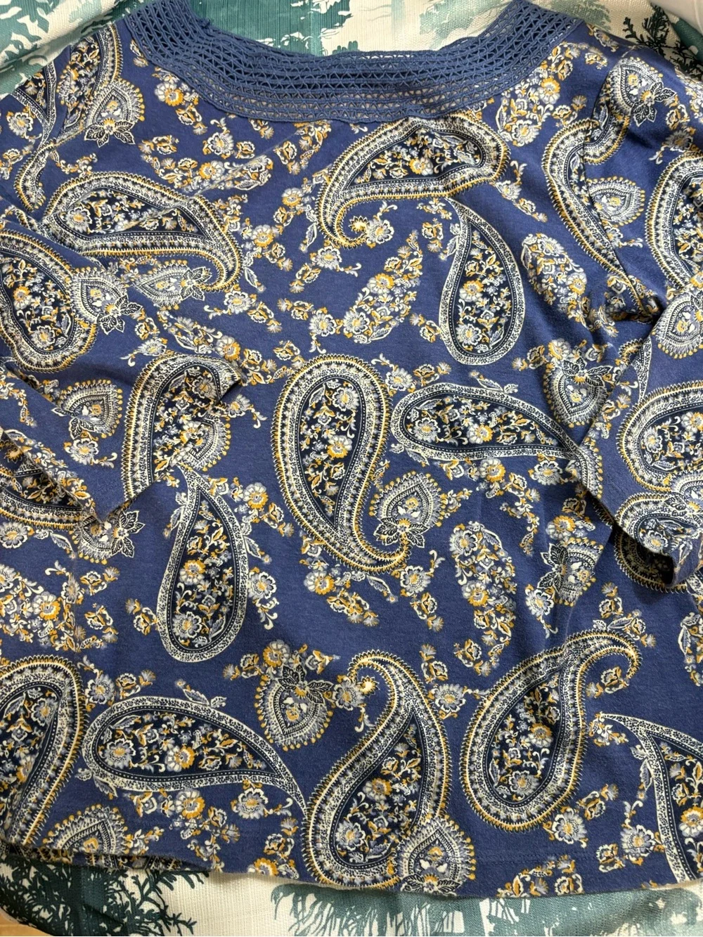 croft & barrow Blue Paisley Crochet-Neck Tunic 100%Soft Cotton! #Concert #Campus